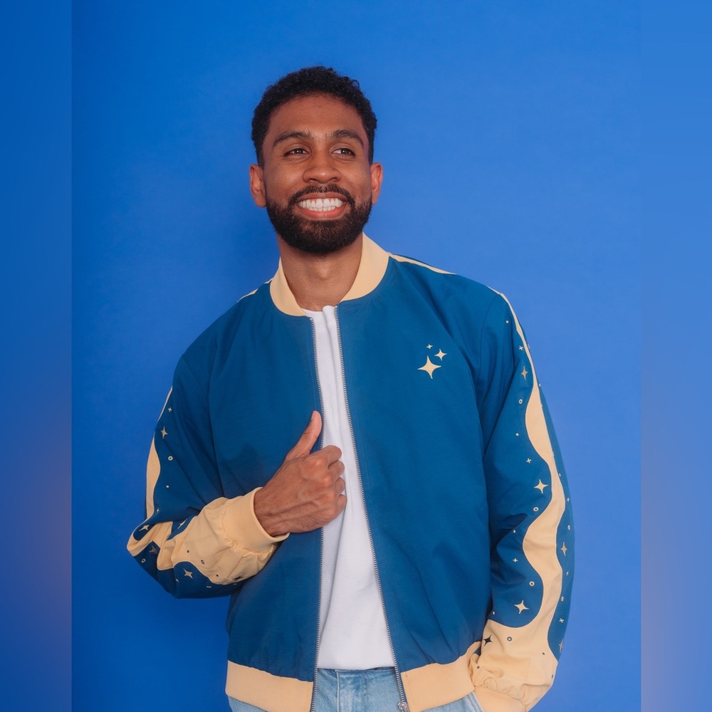 Carmico Blue & Yellow Blue Moon Cosmic Stars Bomber Jacket Coat Sweater 4XL